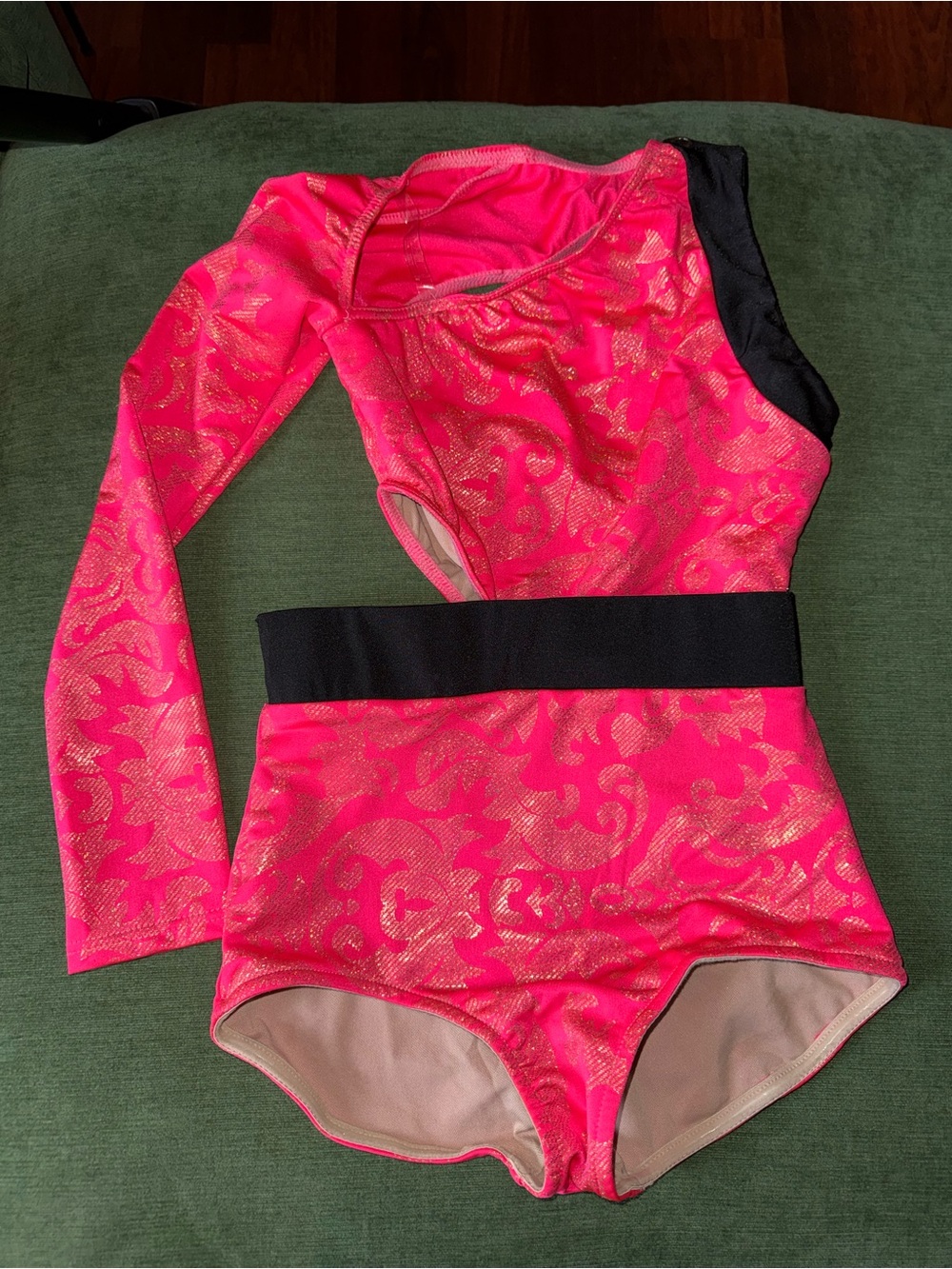 Hot Pink Metallic One-Shoulder Leotard with Black Waistband